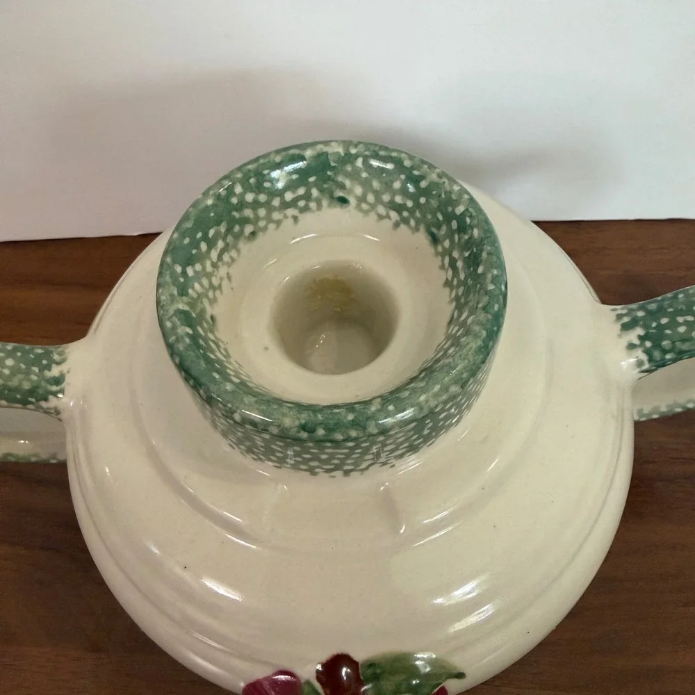 Ceramic Apple Taper Candle Holder Double Handle Farmhouse Green Cream Cottage
